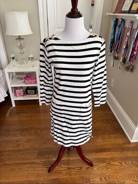 J. Crew Black and White Striped Mini Dress with Gold Buttons
